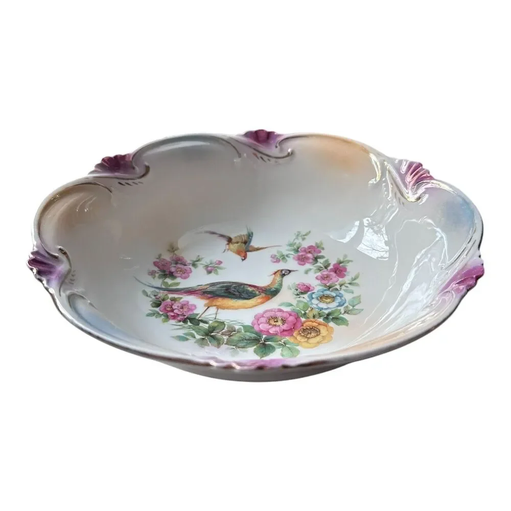 Vintage Floral Porcelain Serving Bowl Pheasants Scalloped Edge Made in Germany